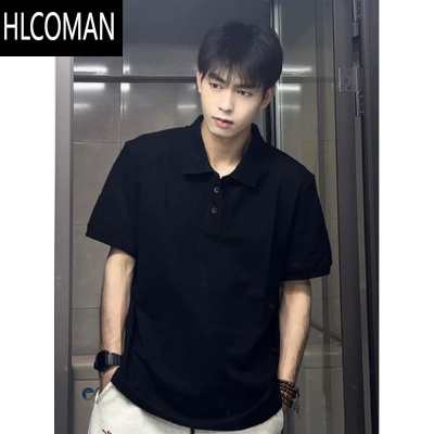 HLCOMAN夏季新款纯黑色短袖polo衫男款翻领美式复古商务纯色t恤衬衫上衣