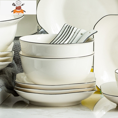 碗家用吃饭碗盘欧式黑线餐具套装碟子汤碗陶瓷米饭碗筷组合 敬平 6英寸黑线面碗