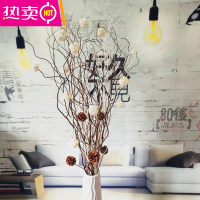 干花叶脉花曲柳树枝装饰客厅落地玄关隔断橱窗干枝装饰花FENGHOU咖白干枝+松果带瓶干树枝
