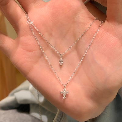 纯银双层水滴十字架吊坠项链高级感轻奢小众时尚叠戴锁骨链女送女朋友老婆情人节七夕生日礼物