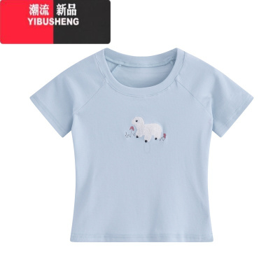 YIBUSHENG季新款女装正肩修身毛巾绣甜辣上衣设计感小众短款短袖黄色T恤