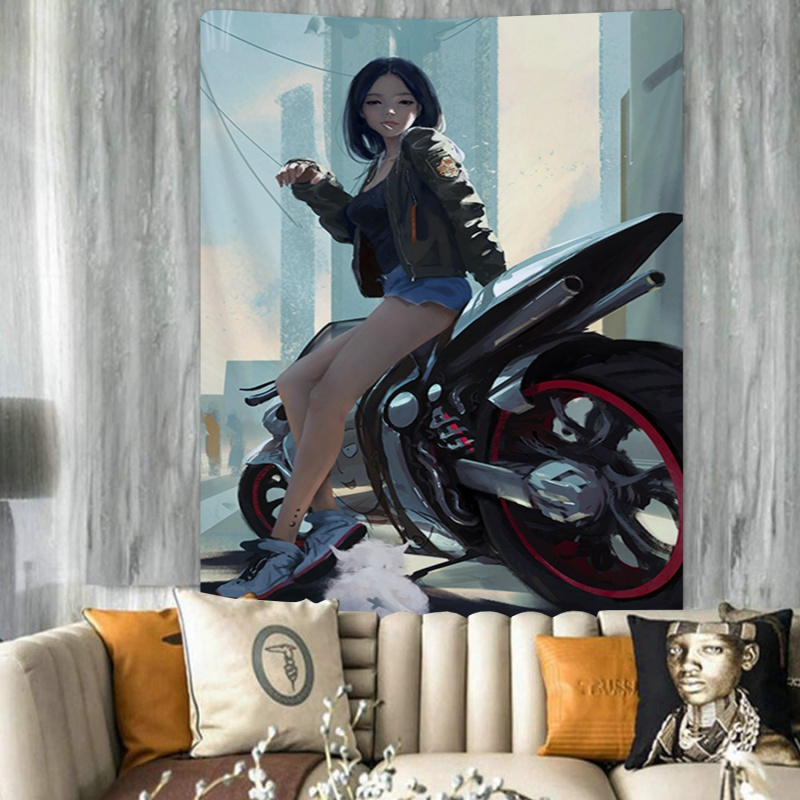 家柏饰(corated)摩托机车女孩背景布动漫床头卧室宿舍遮挡挂布壁毯