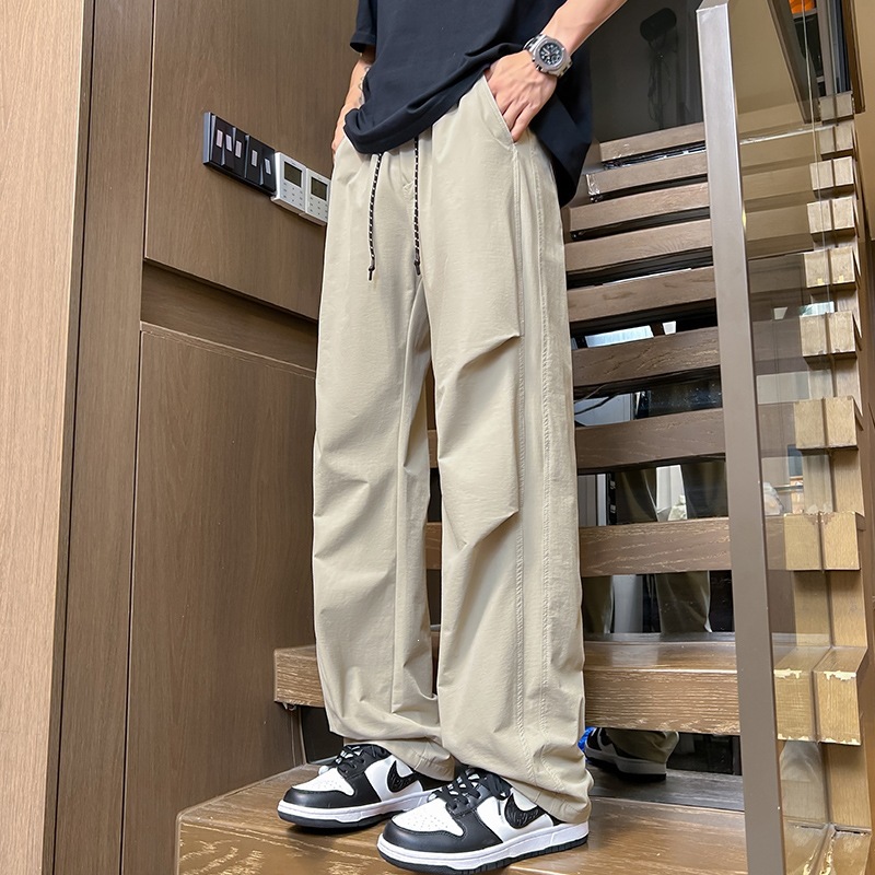 两色潮锦纶面料潮流冰丝休闲码数男裤子高端宽松拖地裤抽绳休闲裤