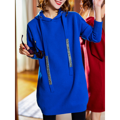 语娄素木连帽针织裙子女2020年新款秋冬欧洲站大码女装烫钻蓝色连衣裙2021大码女装