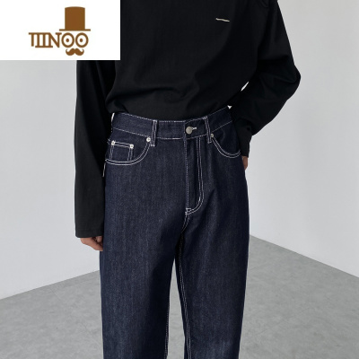 YANXU深蓝色牛仔裤男直筒宽松复古美式丹宁休闲长裤潮流百搭裤子