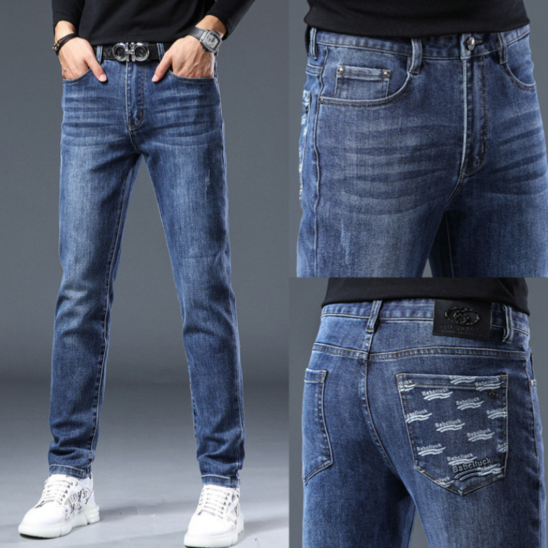 欧美高端后口袋印花蓝色牛仔裤男秋季潮牌修身小脚弹力长裤
