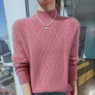 秋冬新款貂绒短款女装半高领套头加厚纯色针织打底衫保暖毛衣