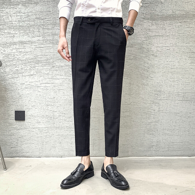 梵克公牛西裤男九分裤2019年秋季坠感常规格子商务休闲小脚休闲西装裤子流黑色28