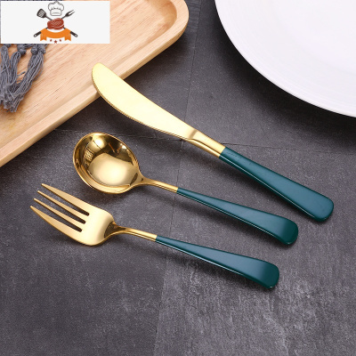 儿童可爱刀叉勺 三件套网红304不锈钢牛排刀叉套装北欧西餐餐具 敬平 刀叉勺三件套(墨绿金)