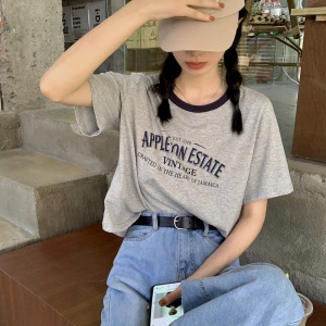 美式撞色圆领短袖T恤女休闲撞色夏季字母印花宽松短款复古上衣ins