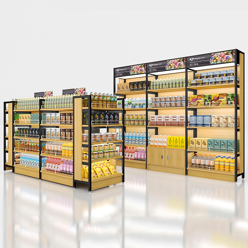 古达定制物美便利店货架超市展示架食品母婴店单双面木质零食中岛展柜