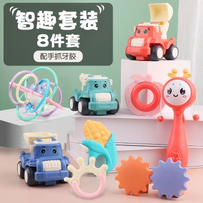 婴儿玩具0-1岁宝宝早教手摇铃套装6-12个月3男孩女孩生日满月礼盒8件套含小车早教摇铃送电池-+曼哈顿牙胶球