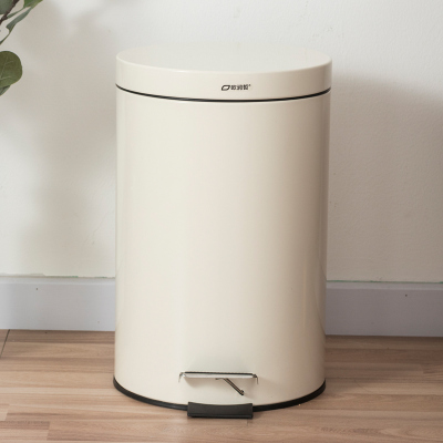 欧润哲垃圾桶米白圆形12升静音款大号家用创意翻盖脚踏式收纳桶酒店办公室清洁桶米白色