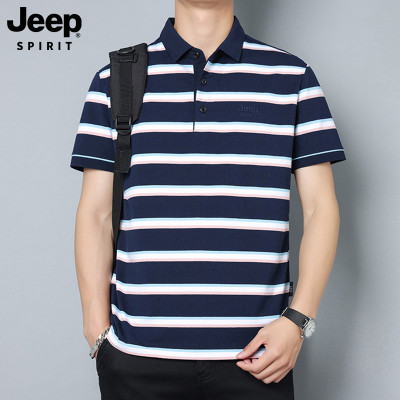 Jeep spirit条纹短袖T恤男士夏季新款翻领polo衫休闲大码爸爸半袖