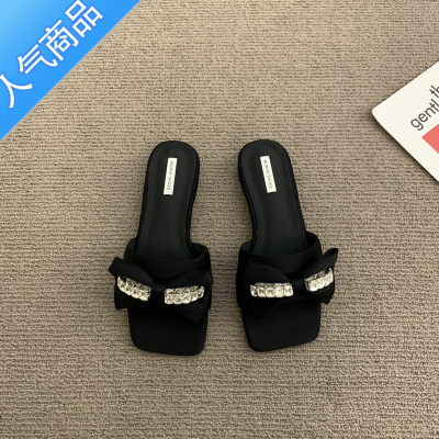 SUNTEK仙女风凉拖外穿女鞋子2023年春夏新款方头水钻蝴蝶结方头平底凉鞋