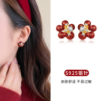 S925纯银针法式轻奢红色烟花珍珠耳环女气质高级耳钉安可拉红耳饰送女朋友老婆情人节七夕生日礼物