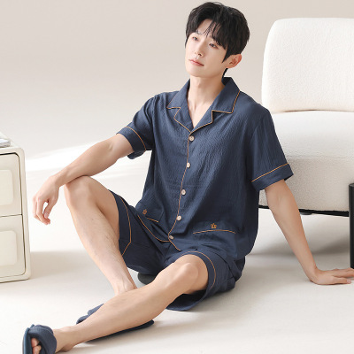 男士睡衣夏季短袖短裤薄款翻领云朵棉春秋凉感棉绸开衫家居服套装_1