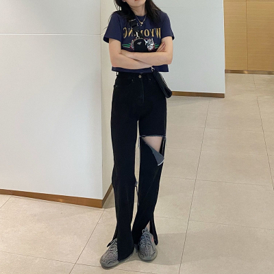 枫述胖妹妹破洞牛仔裤宽松显瘦直筒裤2021新款大码女装高腰开叉拖地裤