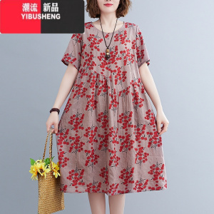 YIBUSHENG棉麻小碎花连衣裙大码洋气红色原创简宽松减龄中长款妈妈女士裙子