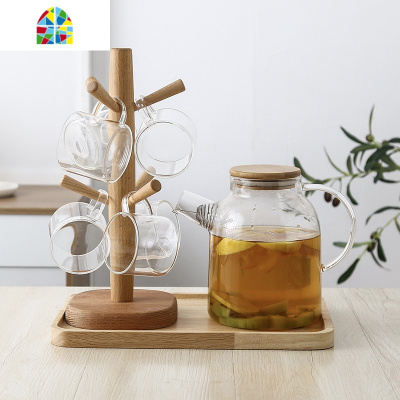 玻璃冷水壶家用可高温杯子套装防爆茶壶凉水壶耐热透明水杯带木架 FENGHOU 透明蓝6杯1壶1架