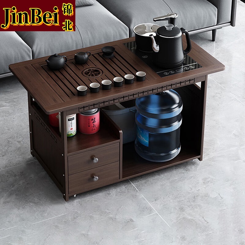 锦北 移动茶台家用竹木小茶桌烧水壶一体简约现代功夫茶几 80长防烫+黑陶茶具