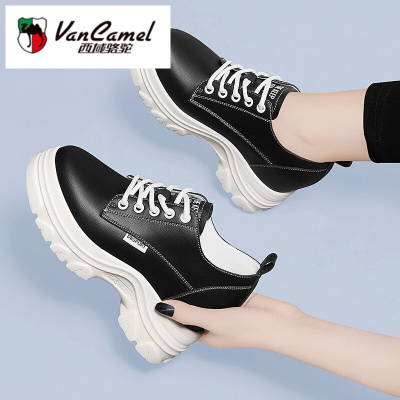 西域骆驼真皮小白鞋女2021年春秋季新款厚底内增高白色百搭休闲运动老爹鞋