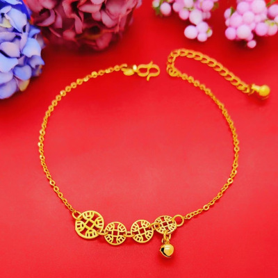 越南沙金转运珠脚链女性感百搭铜镀金脚饰仿黄金铜钱铃铛久不掉色送女朋友老婆情人节七夕生日礼物