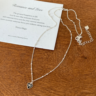 s925纯银黑色蝴蝶结爱心项链日常通勤韩系小众锁骨链百搭配饰送女朋友老婆情人节七夕生日礼物