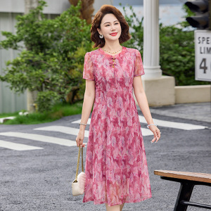 碎花妈妈装连衣裙时尚网纱中老年女装长裙子过膝短袖夏装衣服薄款