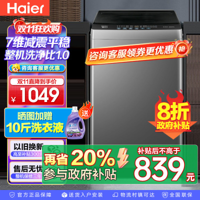 海尔(Haier)10公斤 变频 全自动 波轮洗衣机 1.0洗净比 纳米微泡净 除菌除螨 XQB100-BZ20B0
