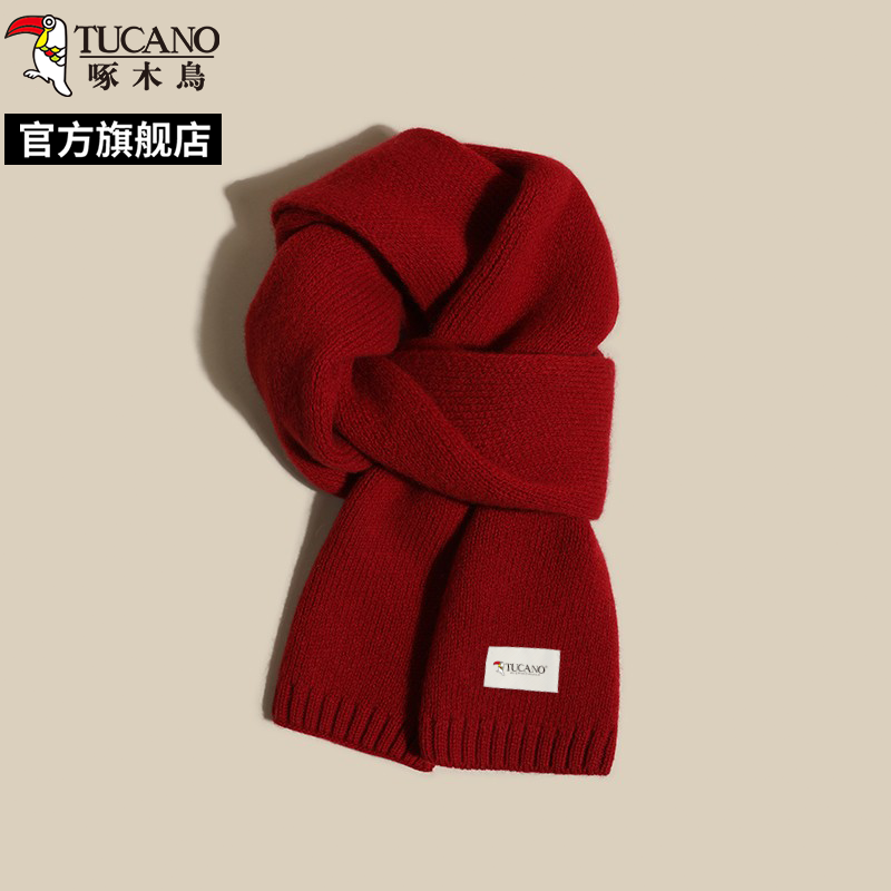 啄木鸟2025新款红色针织围巾女秋冬季百搭氛围感新年礼物围脖学生