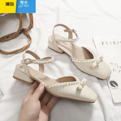 聚范包头凉鞋女2021年夏季新款仙女风法式珍珠低跟方头温柔玛丽珍单鞋