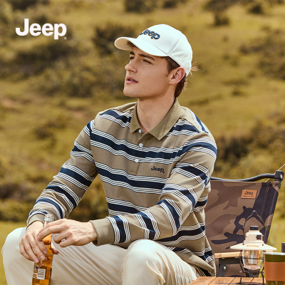 jeep吉普美式休闲polo衫男款2025新款秋季条纹宽松长袖T恤上衣潮K