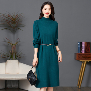 冬季长款过膝连衣裙女2024新款春秋洋气加厚内搭打底衫气质毛衣裙配大衣的毛衣裙子女中长款内搭打底过膝遮肉大码针织连衣裙秋