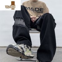 YANXU欧美高街vibe裤子男黑色感痞帅牛仔裤伐木工装直筒鸳鸯裤