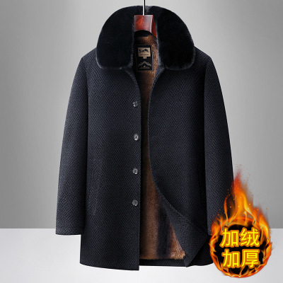 新款男士休闲雪尼尔外套秋冬翻领外套中老年爸爸装加绒加厚