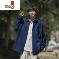 YANXU藏青色衬衫男长袖日系复古潮牌青少年宽松休闲工装衬衣外套