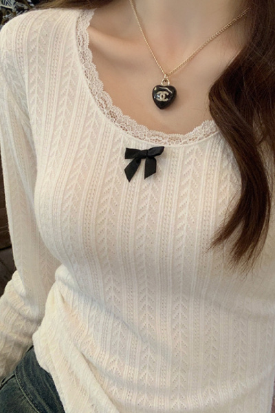 蕾丝打底衫女春秋新款白色内搭长袖T恤上衣设计感蝴蝶结小衫女装