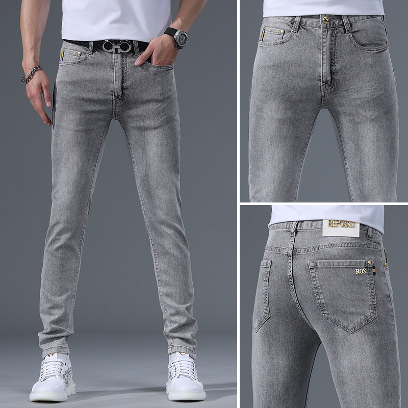 轻奢欧货牛仔裤男潮流新款浅灰色修身小脚夏季潮牌休闲长裤子