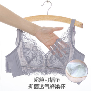新款超薄无海绵无钢圈文胸聚拢蕾丝性感大码内衣女大胸显小调整型