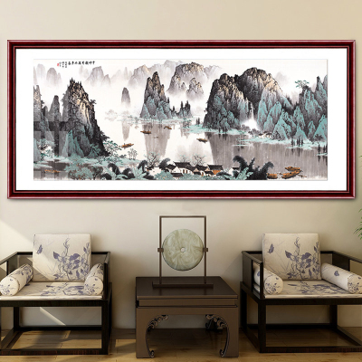 祺匠屋国画山水画客厅装饰字画办公室挂画老板桌沙发背景墙装饰画鸿运当头中式书房靠山带框壁画千峰竞秀238*108cm