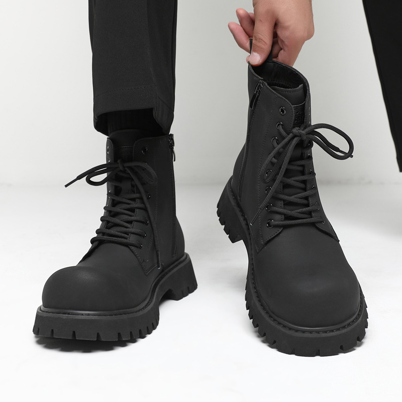 冬季新款高筒加绒保暖马丁靴英伦休闲侧拉链厚底增高潮流工装皮靴