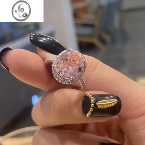 JiMi5克拉鸽子蛋椭圆形粉水晶碧玺气质时尚戒指女 ins镀白金粉钻戒 白金色戒指