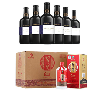 习酒红习酱195253度500ml*6整箱酱香型白酒+誉加红酒夏迪系列木塞赤霞珠红葡萄酒750ml*6整箱
