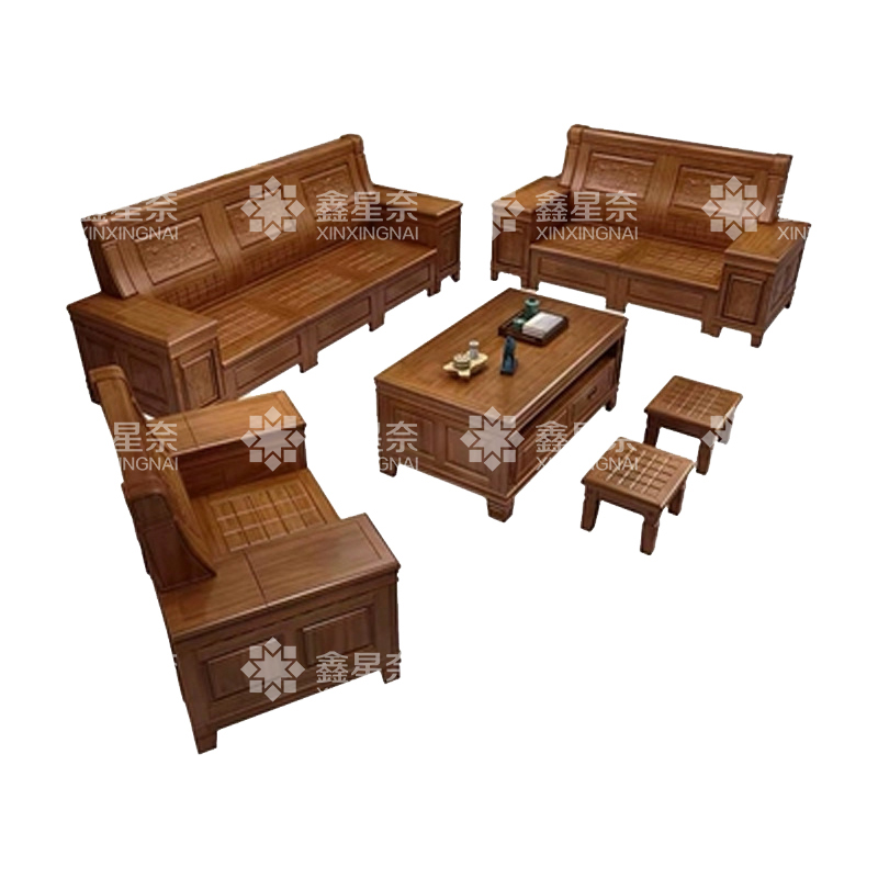 鑫星奈XXN4022939香樟木实木沙发组合新中式冬夏两用沙发 1+2+3+茶几+凳子组合