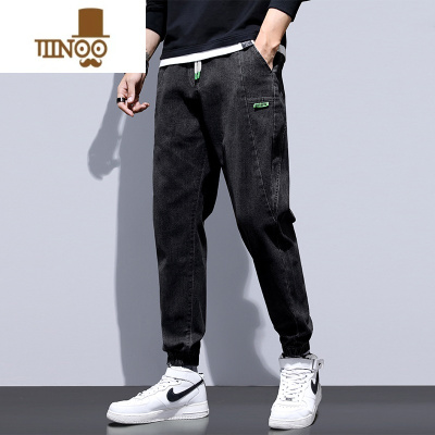YANXU牛仔裤男士春季2023新款宽松束脚运动夏季九分哈伦休闲长裤子