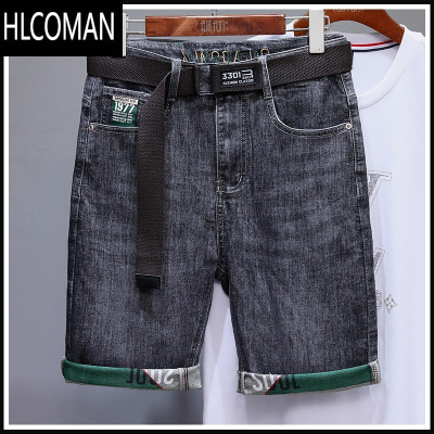 HLCOMAN夏季薄款高端欧美印花刺绣潮牌新塘牛仔短裤男士五分中裤宽松直筒