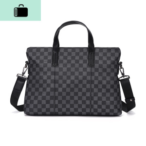 欧美男包格子手提包商务休闲单肩包横款电脑公文包新款皮质文件包NEW LAKE 黑色男士手提包 黑色