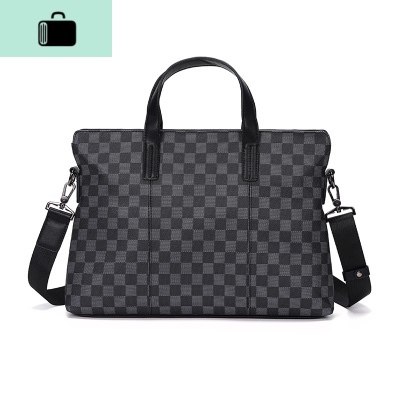 欧美男包格子手提包商务休闲单肩包横款电脑公文包新款皮质文件包NEW LAKE 黑色男士手提包
