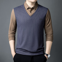 长袖T恤男假两件春秋衬衫领polo衫宽松商务休闲中年爸爸上衣